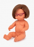 Muñeca bebé caucásica Síndrome Down con gafas 38cm